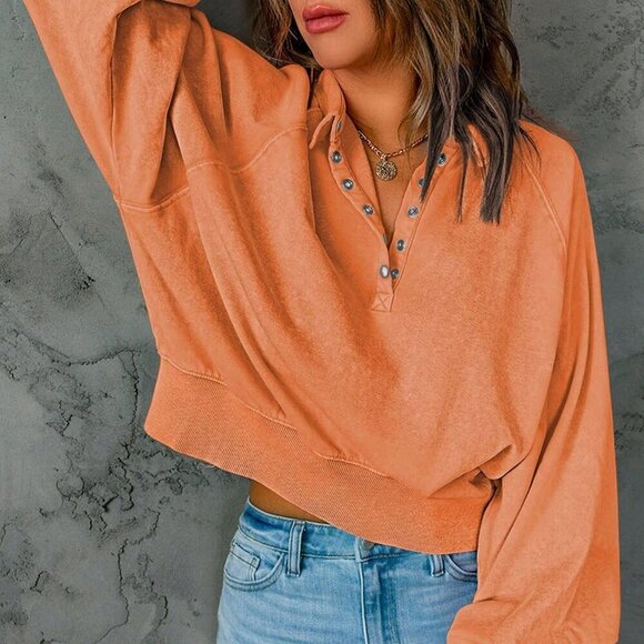 Orange Casual Women's Lantern Sleeve Button Half Placket Loose Sweatshirt - Picture 4 of 11